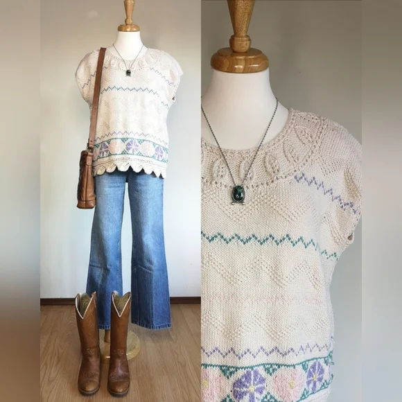 80s Floral Knit Sweater - Picture 1 of 4